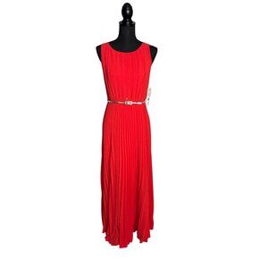 Eliza J Women's Stunning Bright Orange Pleated Maxy Dress with Gold Belt Size 4